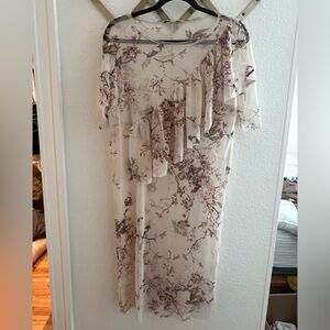 Asian inspired mess t shirt dress with dramatic ruffle on front